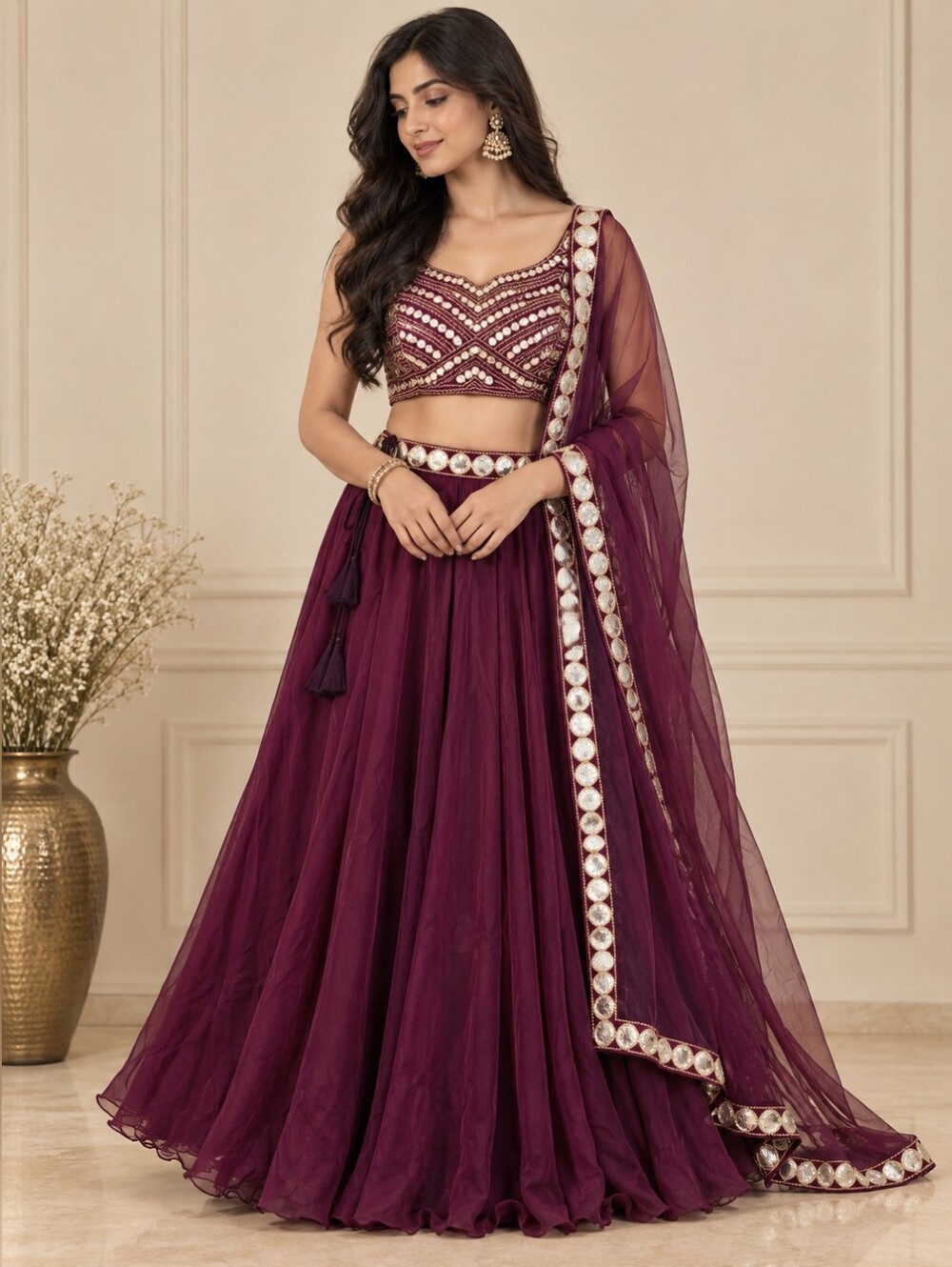 Wine Maroon Mirror Work Lehenga Choli Set with Dupatta | Size 6